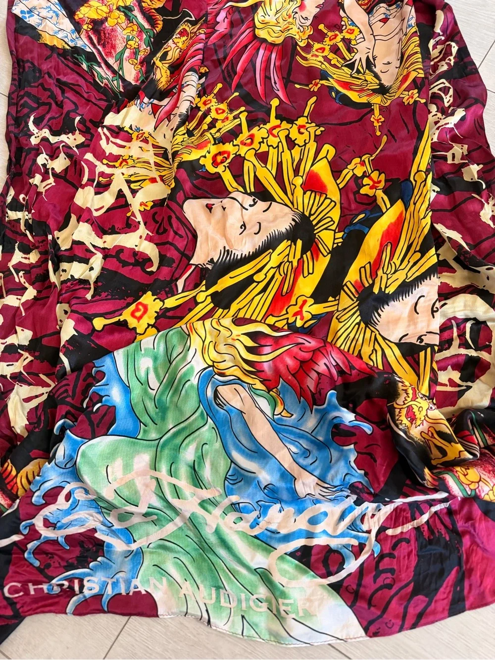 NWT Ed Hardy Burgundy 100% Silk Scarf Wrap Shawl 41” x 60” w/ Original Pouch